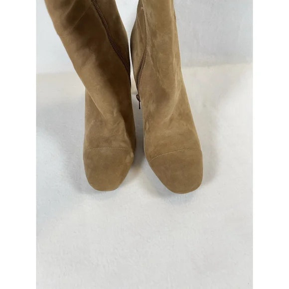 Something Navy Camel Suede Boots 9 Round Toe Chunky Heel Knee High - Picture 3 of 8